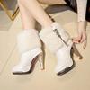 Women High Quality White Pu Leather Side Zipper High Heel Boots Botas Femininas Lady Classic Winter Warm Fur Boots Bottes G2848