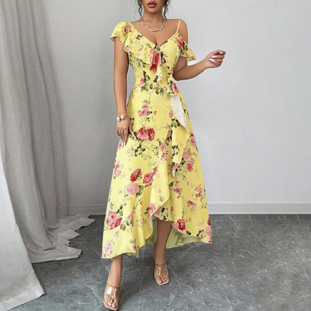 Women's V Neck Floral Print Ruffle Trim Midi Dress Sleeveless Summer Vacation Casual Elegant Dress for Outdoor Events