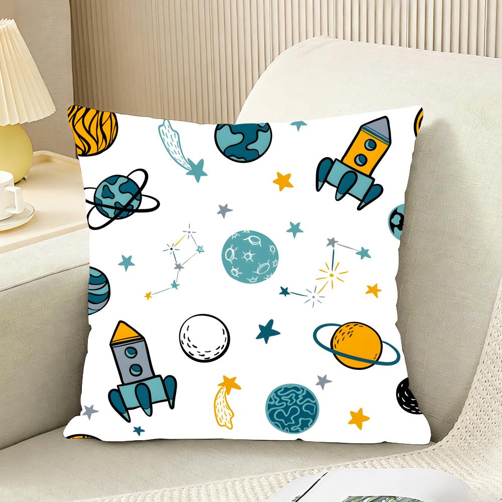 Outer Space Spaceship Astronaut Cushion Cover Reversible Plush Pillow Cover For Car Sofa Bedroom Decorative Gift Pillowcase