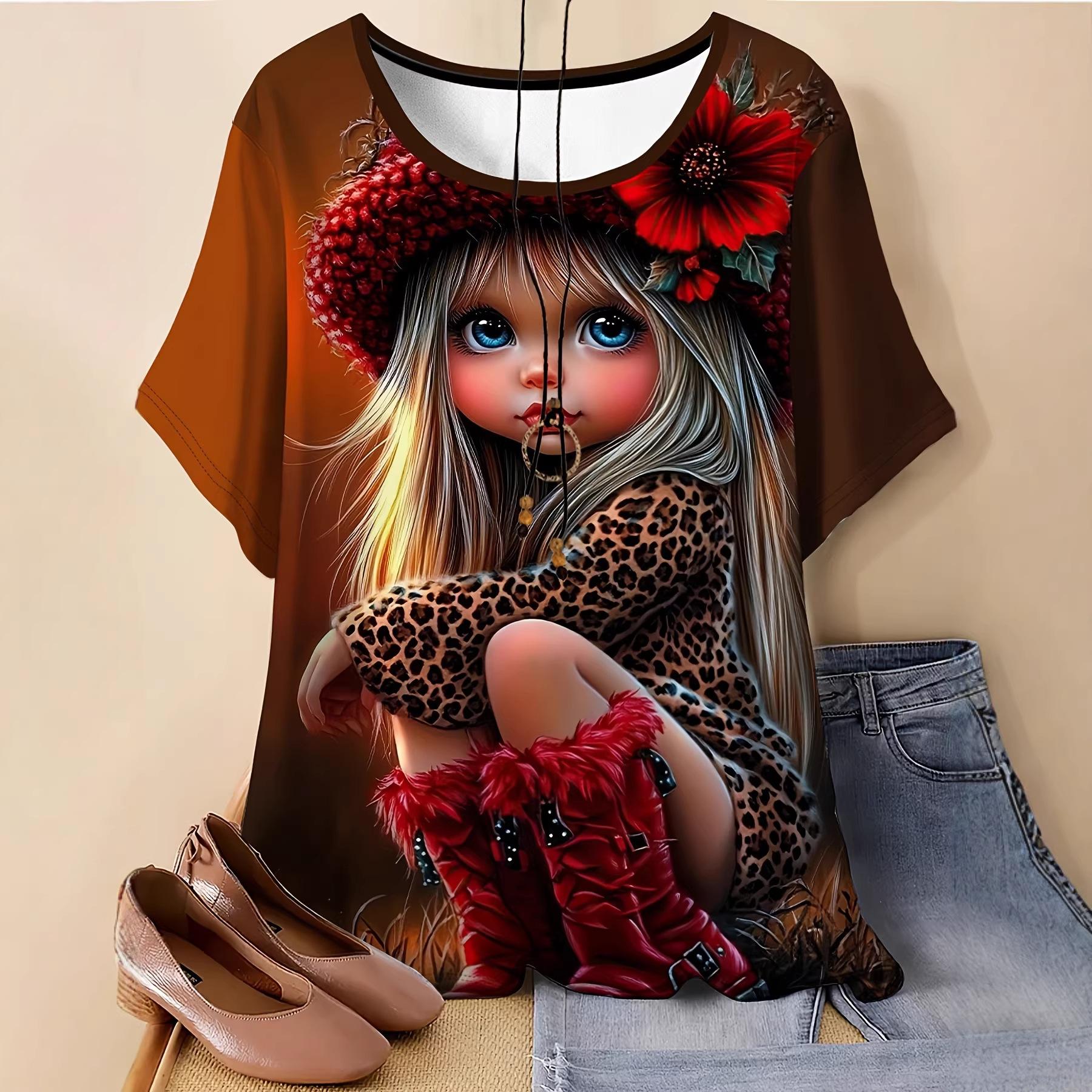 2026 Women s T-shirt 3D Pattern Cute Leopard Pattern Little Girl Printed T-shirt L
