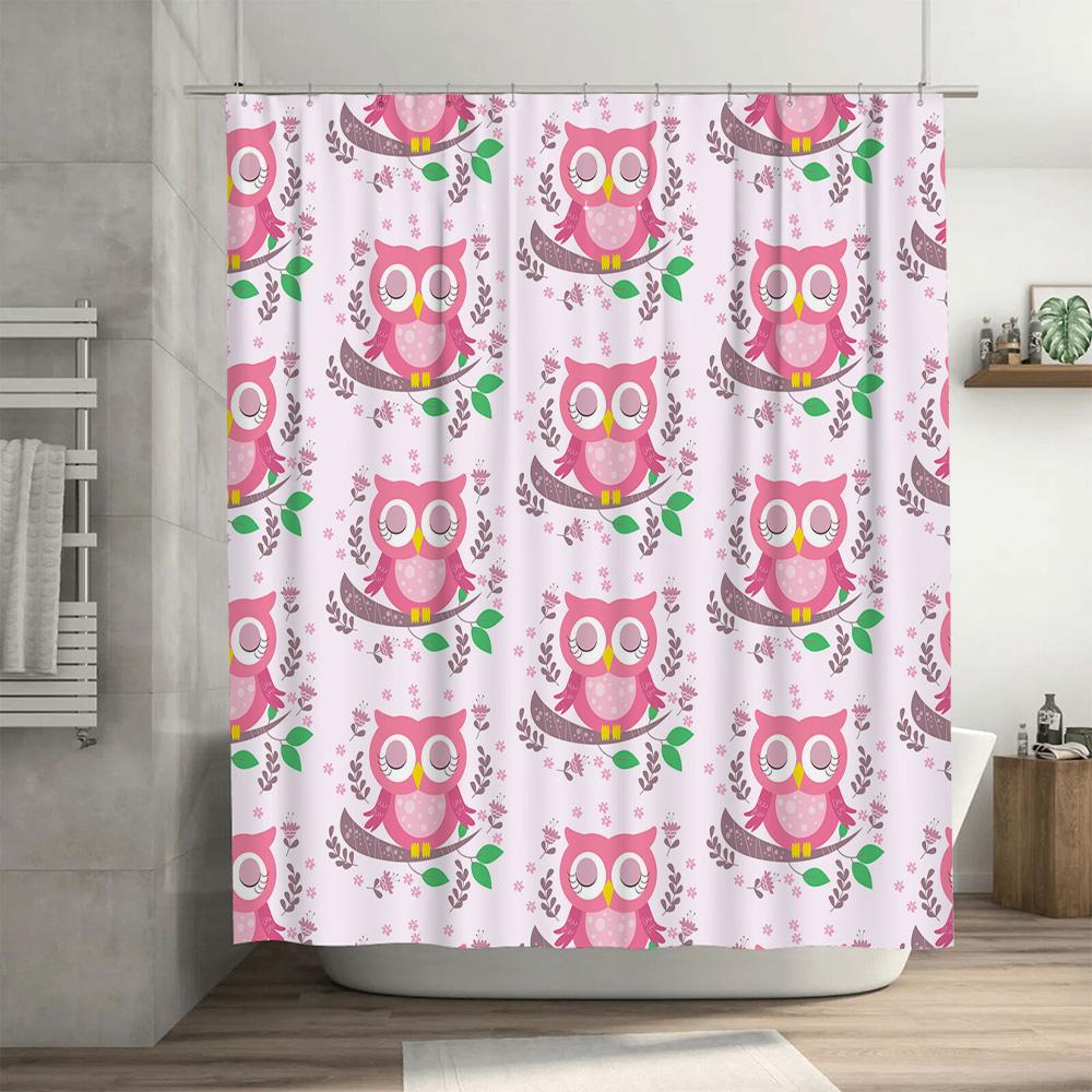 Owl Pattern Shower Curtain Pink Animal Bath Decor