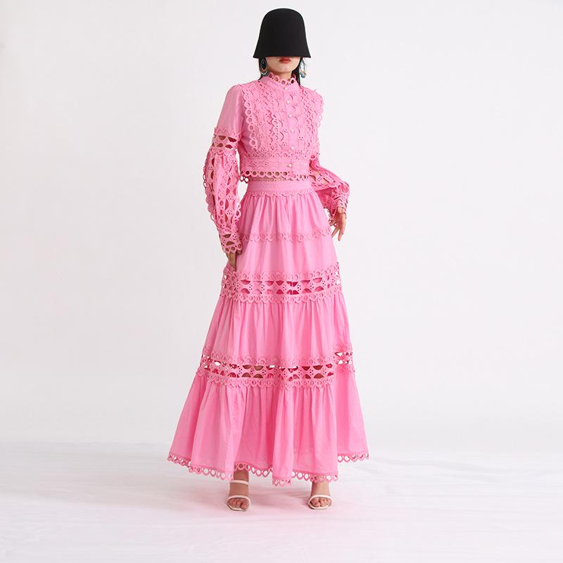 2025 Autumn French Retro Lace Collar Two-Piece Set: Hollowed-Out Top & High Waist Midi Skirt for Women