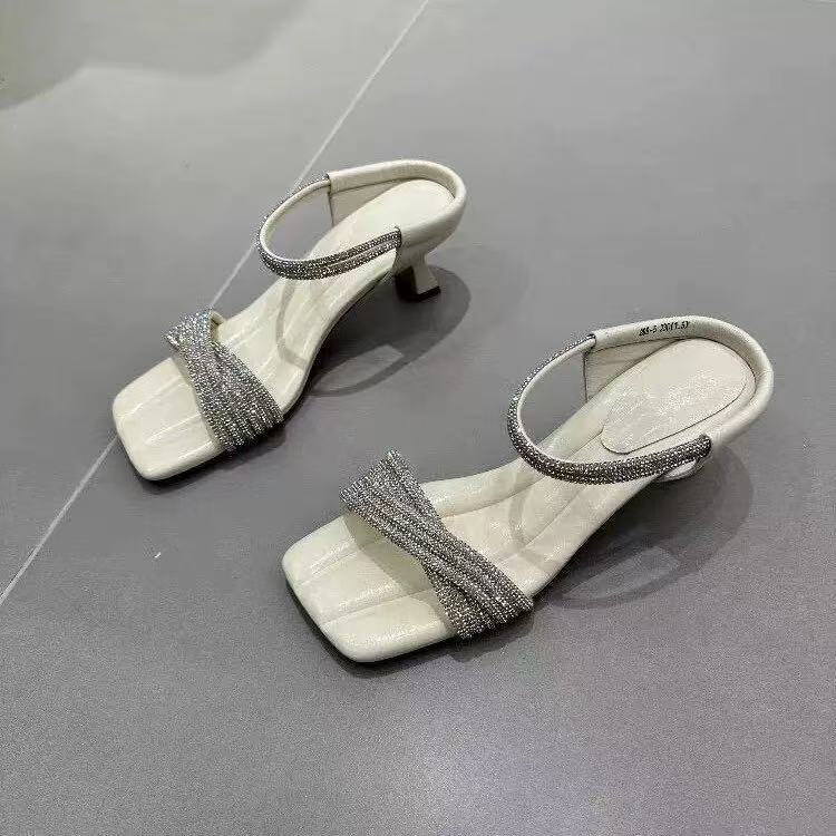 High Heels, Thin Heels, High Word Belt, Beautiful Internet Celebrity Feeling Cool Slippers, Women's Summer Stepping On Shit Rhinestones, Wearing Cool