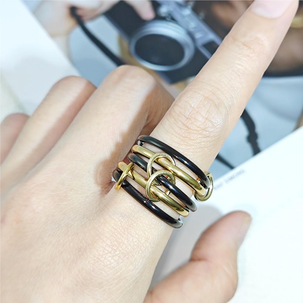 5PCS Black Gold Color Multiple Layers Rings Stackable Set Stainless Steel Interlocking Ring For Women INS Finger Jewelry Gifts
