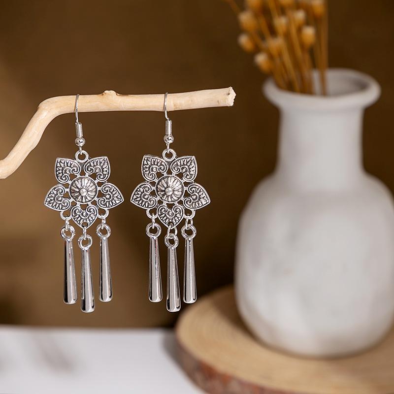 Peacock Tassel Earrings with Hollow Leaf Design in Retro Ethnic Style Imitation Silver for Women