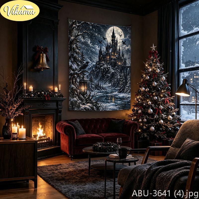 Gothic Frosted Window Castle Skull Wall Tapestry Dark Victorian Holiday Winter Ice Pattern Home Decor Modern Style Soft