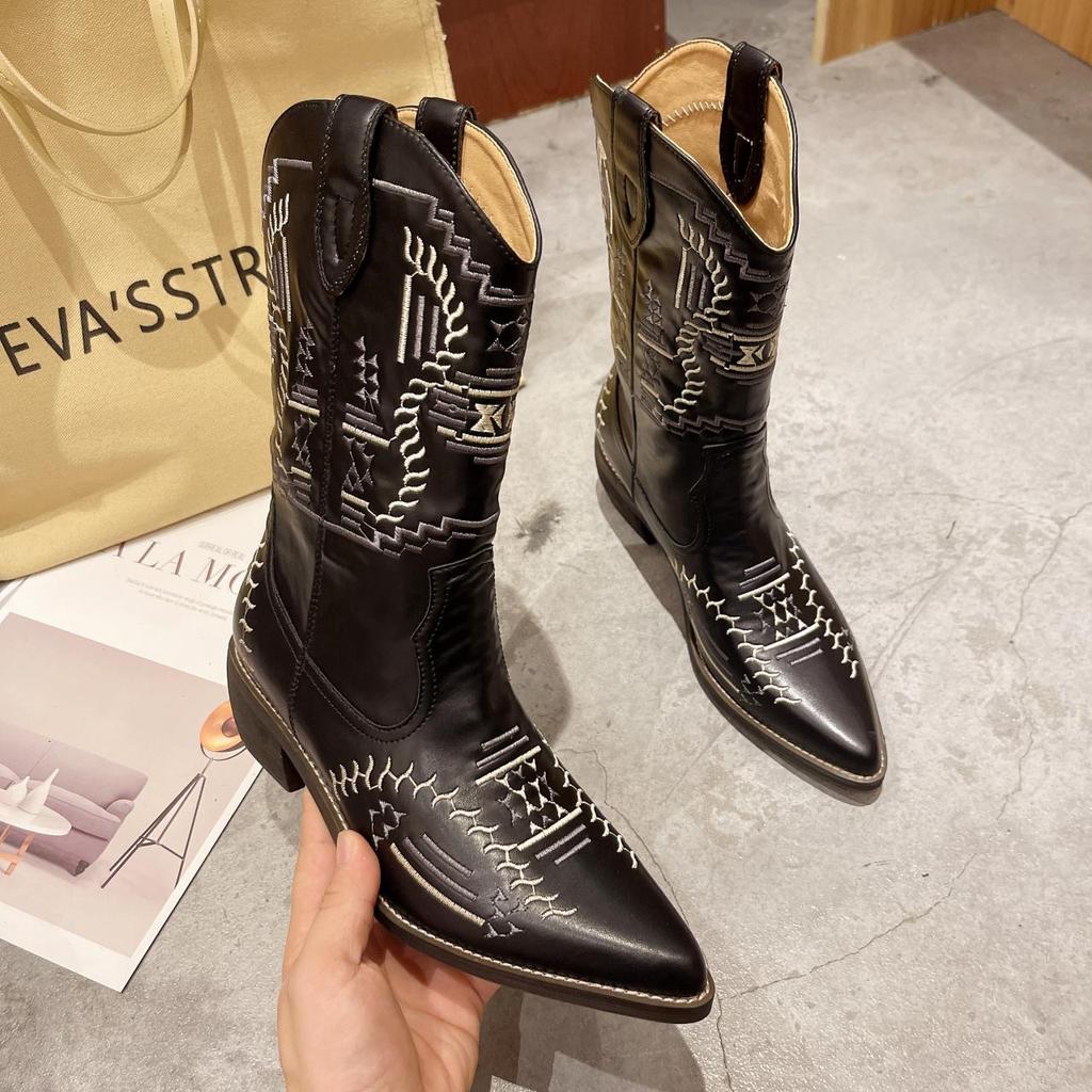 Women's Boots Retro Autumn Winter White Mid Calf Boots Big Size 42 Women Comfy Walking Female Western Cowboy Boot Women's Shoes