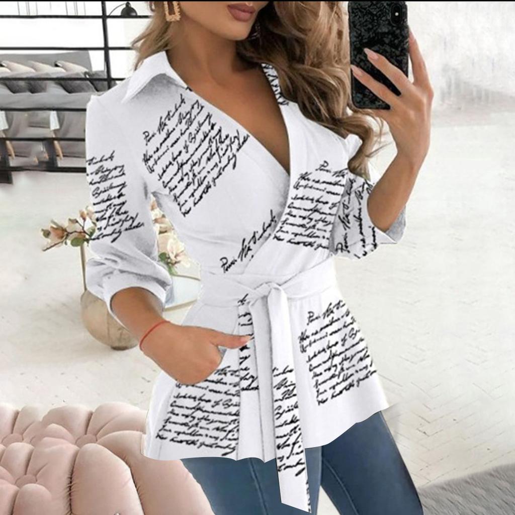 Danmo Vår Høst Elegant Dame Langermet V-hals Beltestropp Skjorte Pluss Størrelse