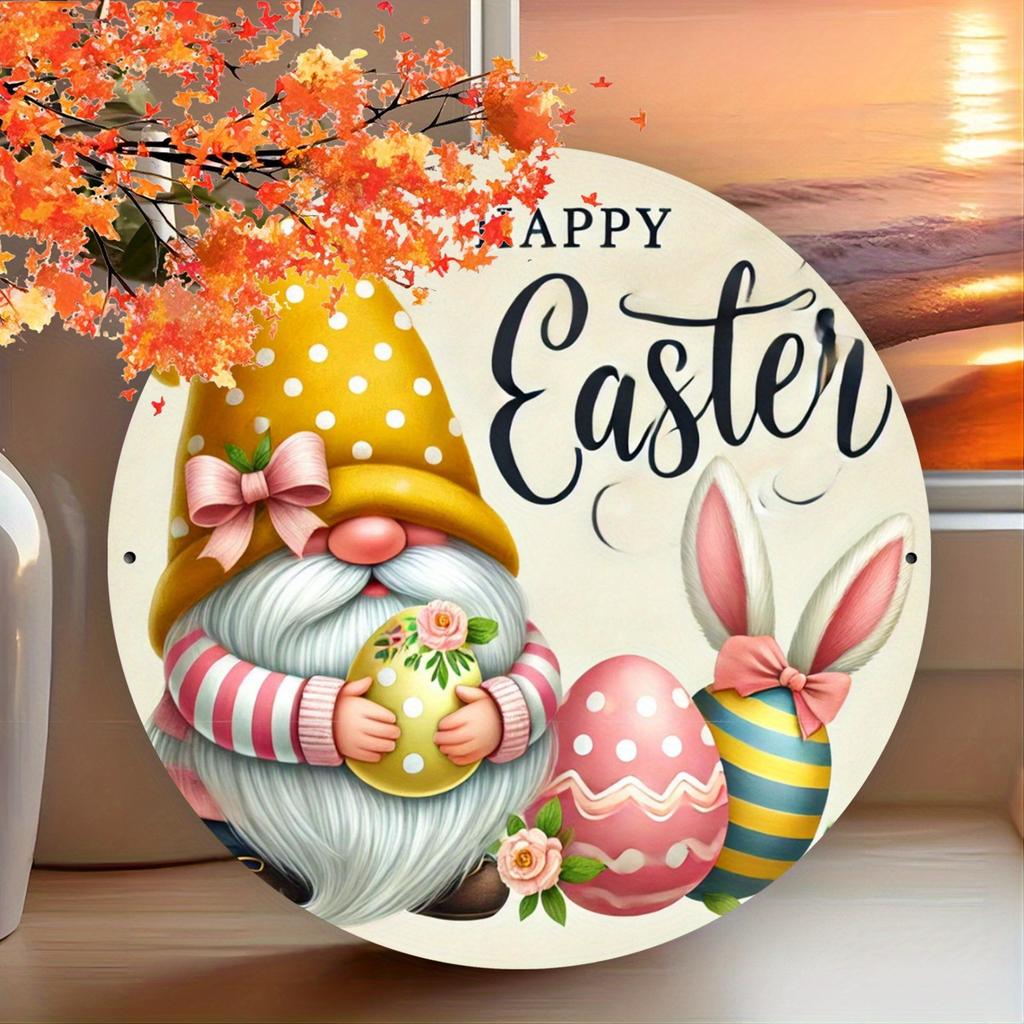 Happy Easter Gnome with Colorful Eggs and Bunny Ears Metal Tin Sign