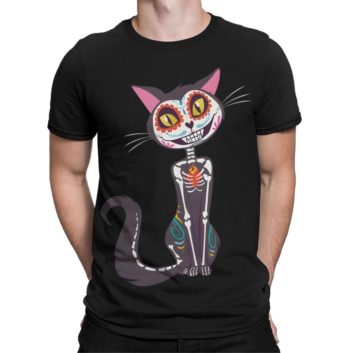 Day of the Dead Black Cat Sugar Skull Mens TTshirt Playful Design #DOTD XL