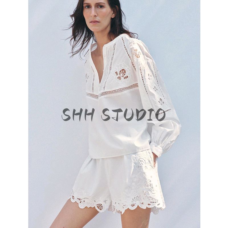 Spring and Summer Cotton Vertical Lace Trim Embroider Shirt 4786058 High Waist Embroider Pleated Shorts 4786059