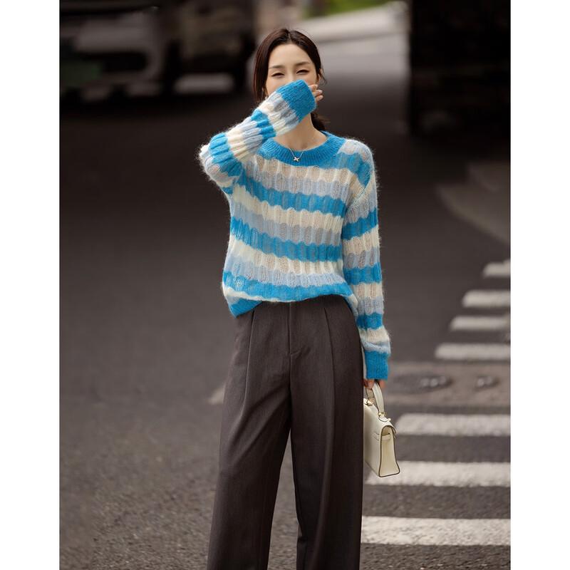 Demana Women's Merino Mohair Blend Hollow-Out Striped Knit Sweater