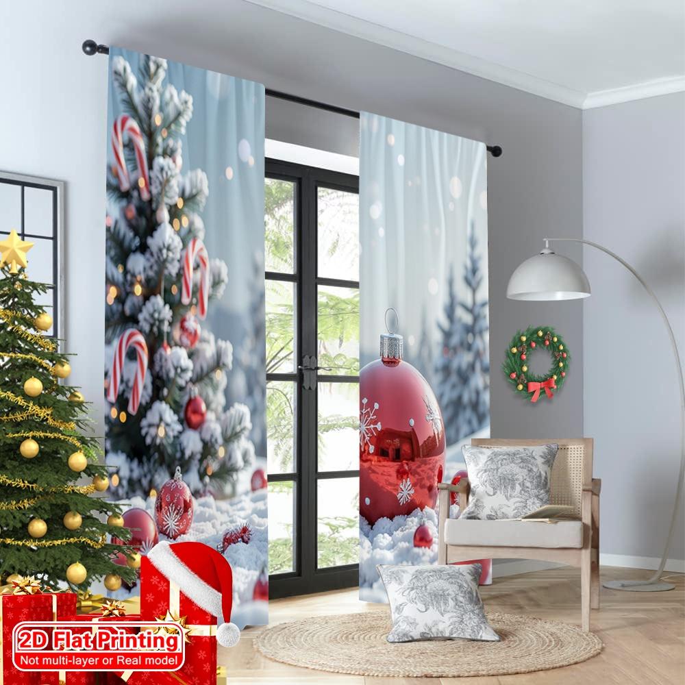 2 Stück 2D Flachdruck Weihnachtsfeier Vorhang Zuckerstange Schnee Winterwunderland Stoff Ohne Strom Festliche Feiertage