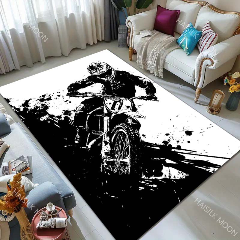 1PC Black and white motocross cornering Print Carpet for Living Room Bedroom Sofa Home Decor Rus Non-slip Floor Mat Luxury Gift