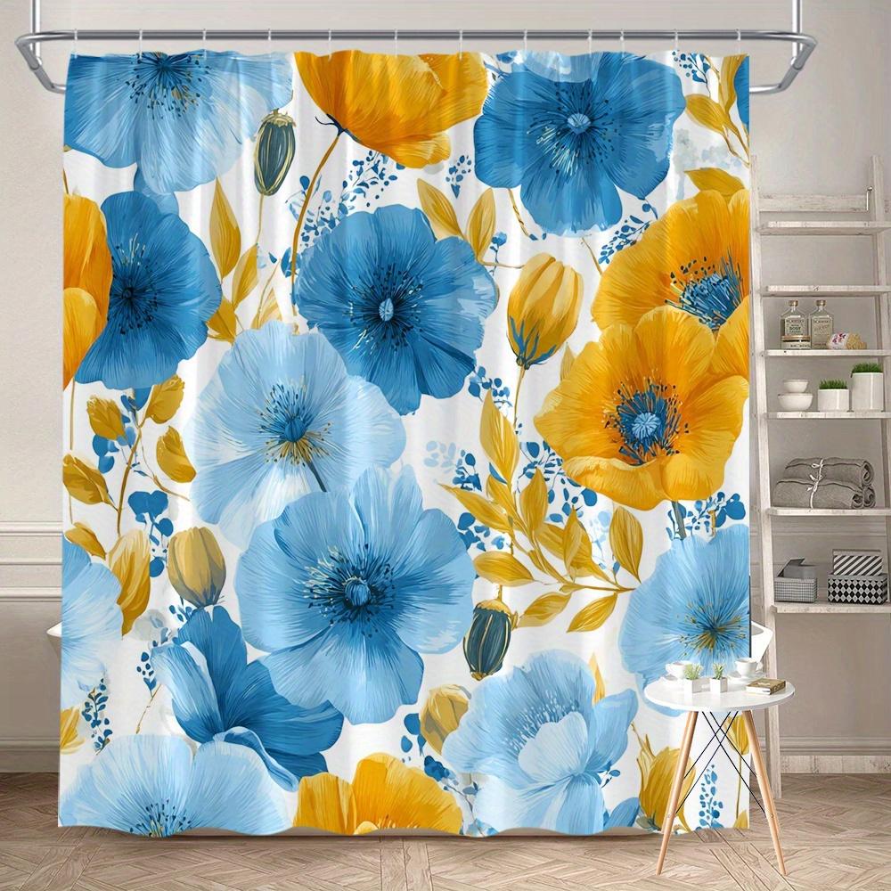 

1Pc Blue And Orange Poppy Floral Shower Curtain - Machine Washable Polyester Fabric - Perfect For Modern Bathroom Decor W60H190(CM)-1 Pcs