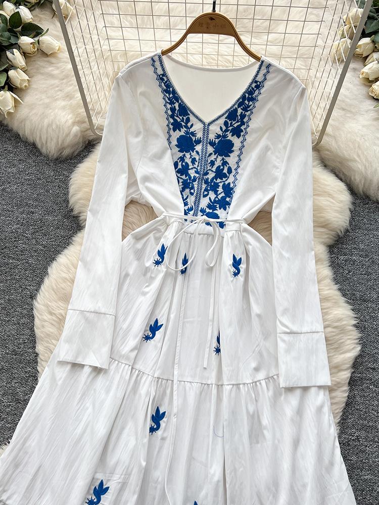 Women Spring Autumn Dress Retro Embroidered V-neck Strap Waist French Elegant Long Sleeve Grand Swing Long Dress
