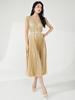 Miyake Skirt: Luxurious Textured Mid-Length Gold V-Neck Dress with Belly-Covering Loose Fit