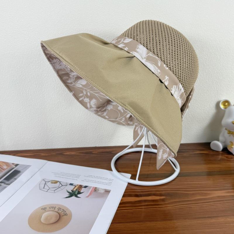 Women's Printed Bow Fisherman Hat with Large Brim Summer UV Resistant Folding Sun Hat