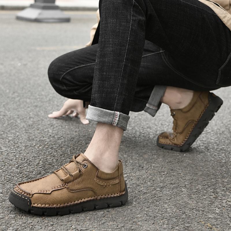 Genuine Leather Lace Up Men Casual Flat Shoes Comfortable Non-slip Lightweight Daily Walking Driving Shoes for All Seasons