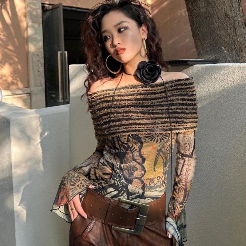 2KWEIRD Japanese Y2k Off Shoulder Tops Vintage Harajuku Flare Sleeve T-shirt Grunge Aesthetics Slash Neck Patchwork Mesh Tops