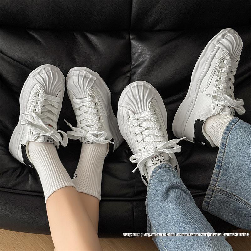 Herren Sommer Atmungsaktive Canvas Schuhe mit Dicken Sohlen & Höhenerhöhung - Trendige Shell Toe Casual Weiße Sneaker