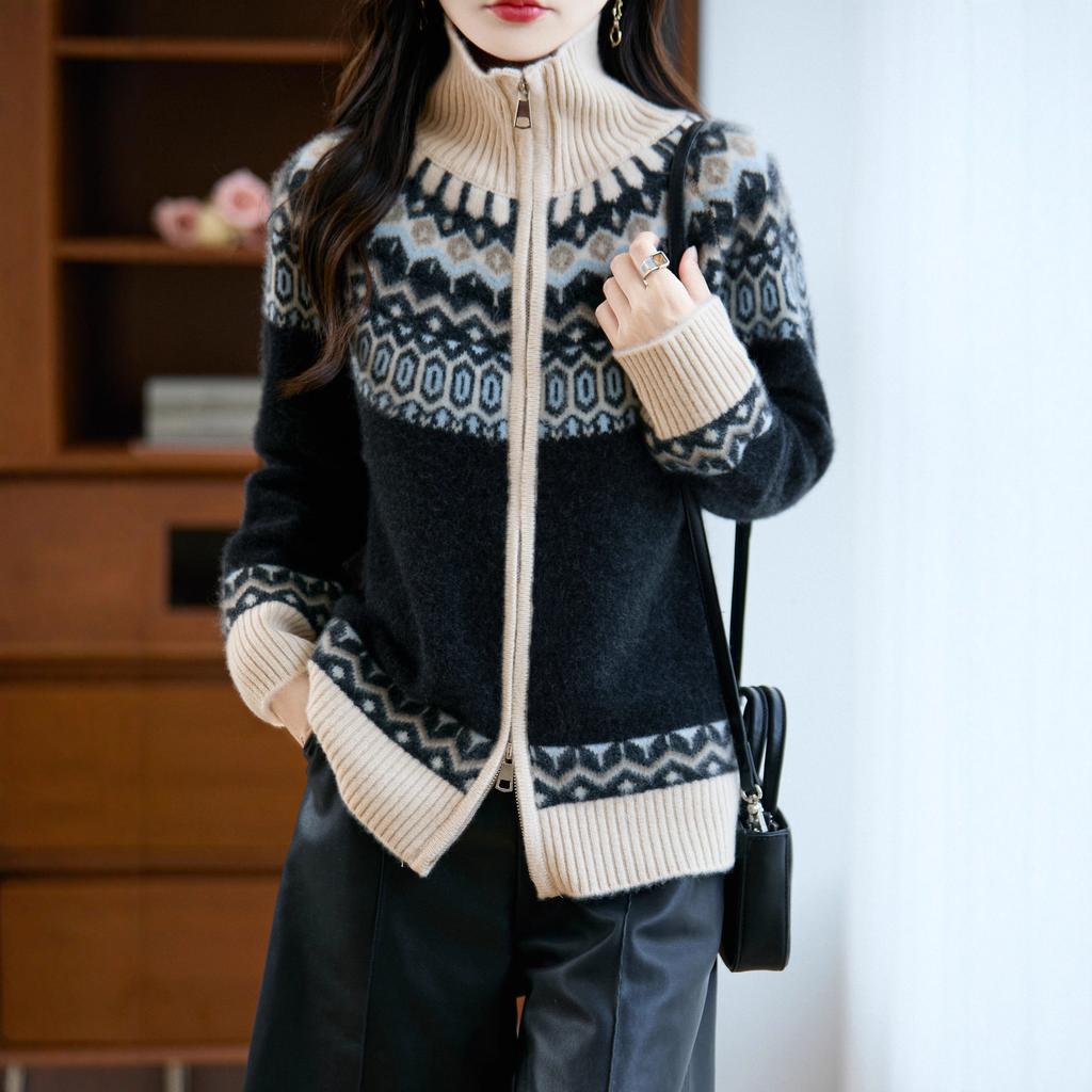 Retro Double Zipper Thick Floral Blouse for Winter, A Warm Sweater Coat for Women