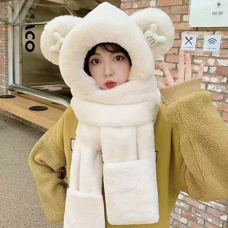Cute bear scarf hat four-piece set four-in-one thickened thermal gloves mask scarf hat winter warm artifact
