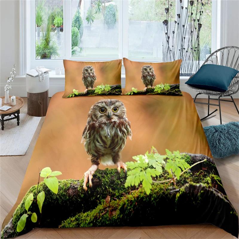Black Owl King Queen Duvet Cover Moon Safari Bird Animal Bedding Set Lovely Wildlife Quilt Cover Grey Polyester Comforter Cover