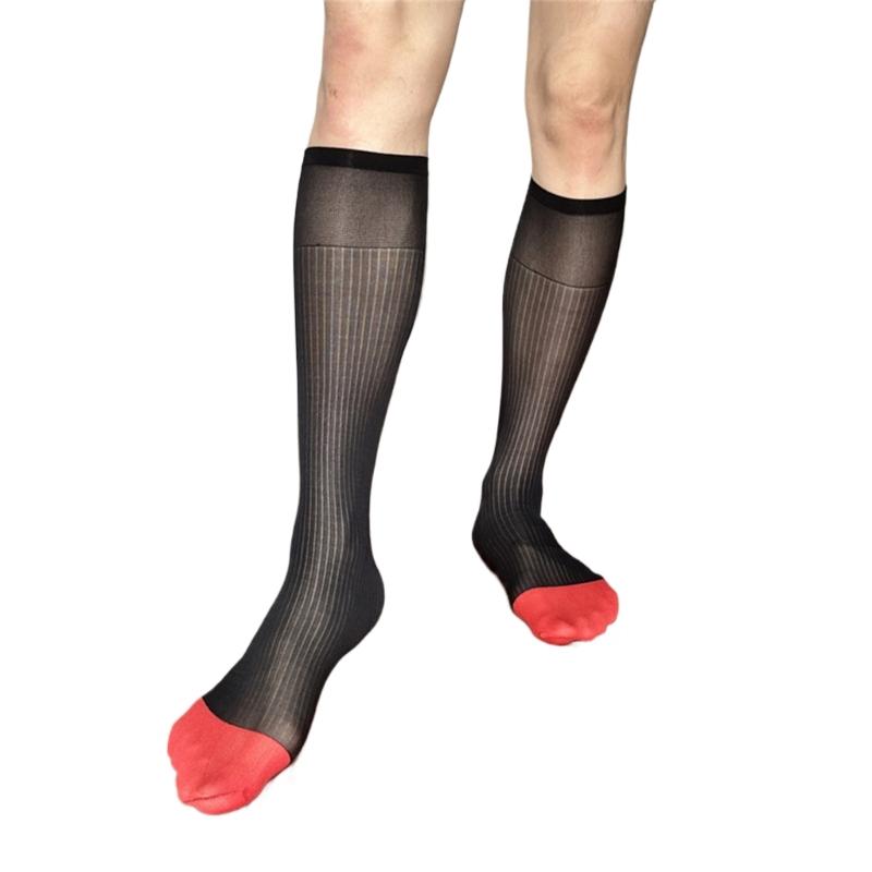 Mens Nylon Sheer Suit Socks Business Dress Socks Contrast Color Striped See Through Formal Dress Over the Calf Stockings