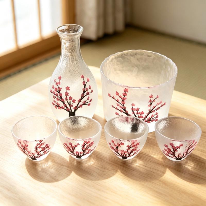 Japanese Plum Blossom Sake Set: Glass Warmer Pot & Wine Cup for Shochu and Baijiu