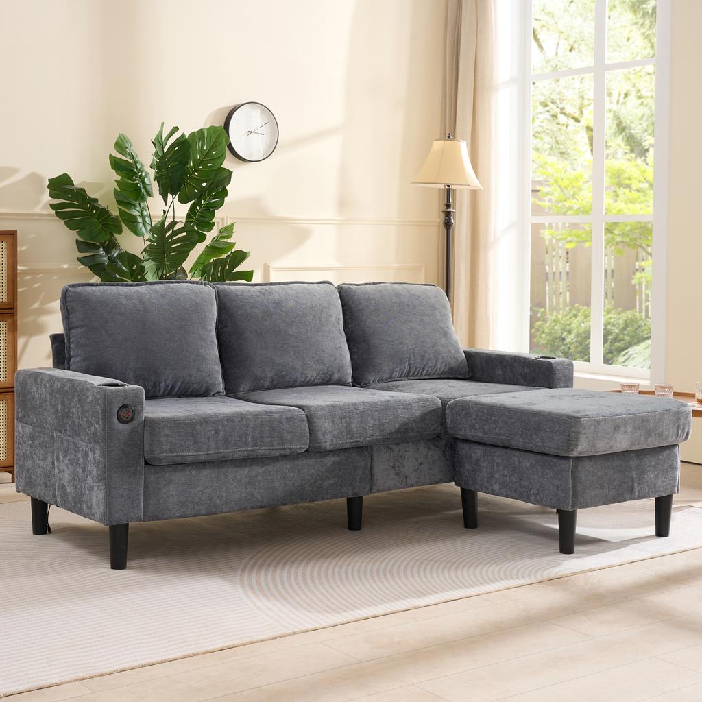 Upholstered sofa with USB and Type-C ports, 3-seater with two cup holders for living room, lounge and bedroom – L-shaped sofa bed, Grey, Linen