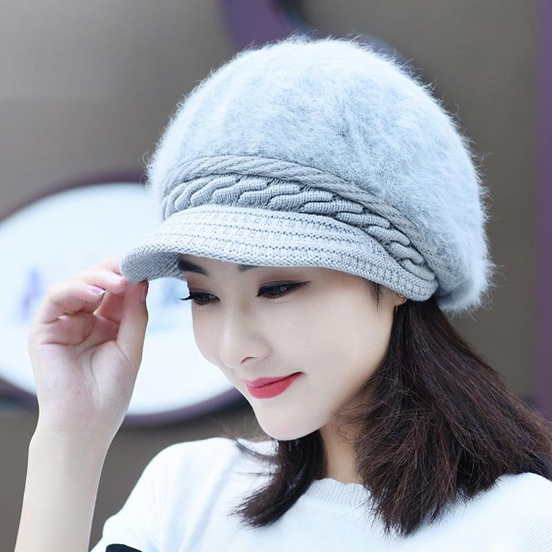 Hat Women's Rabbit Fur Elvet Thick Duckbill Hat Trendy Warm Ear Protection Knitted Hat Korean Version Beret Hat Winter Woolen Hat