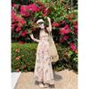 French Vintage Floral Sling Dress Summer Tight Waist Women's Seaside Holiday Beach Long Dress