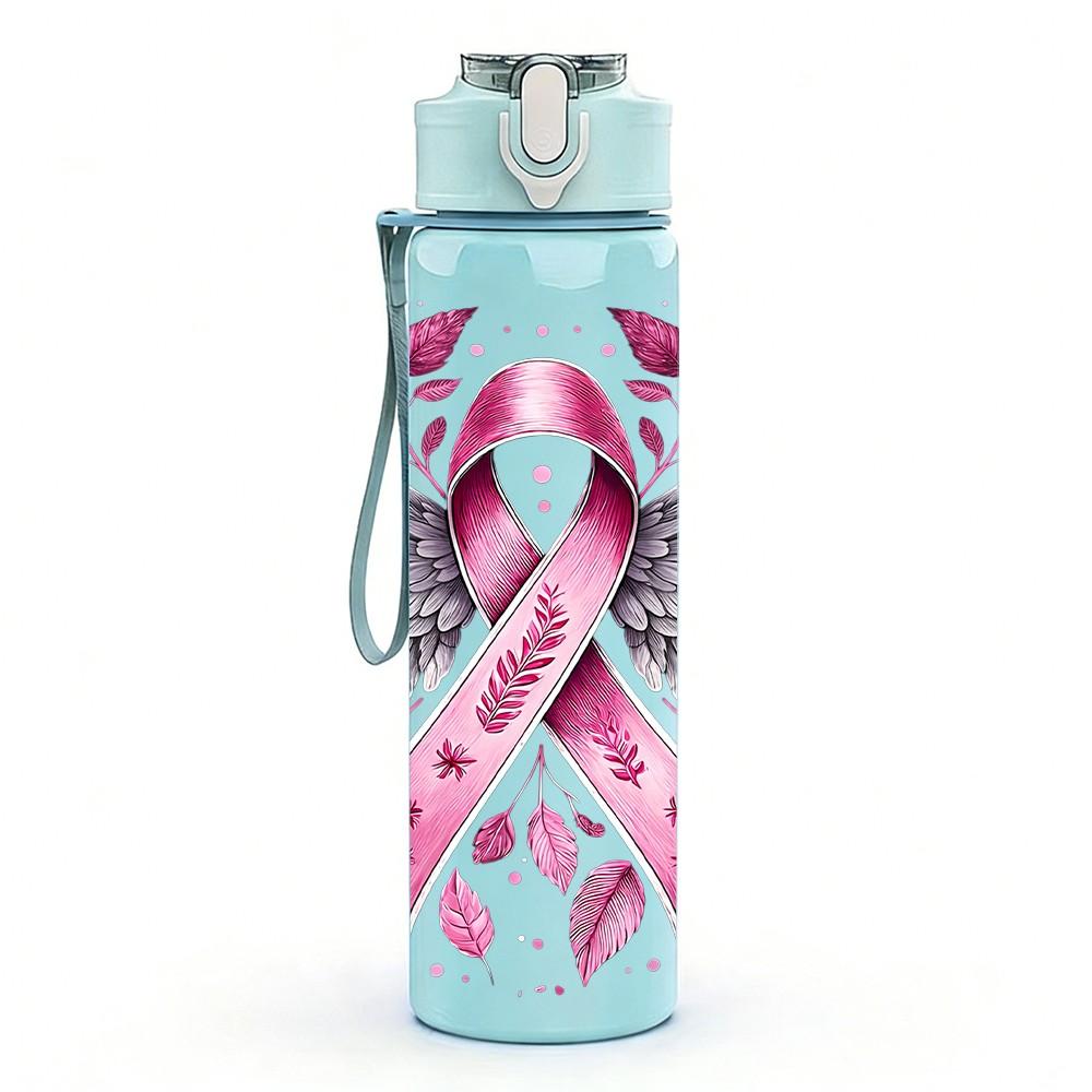 1PC Pink Ribbon Angel Breast Cancer Art 750ml Color Plastic Sports Water Bottle Leakproof Flip Straw Lid Suitable for Sports Office Home Use