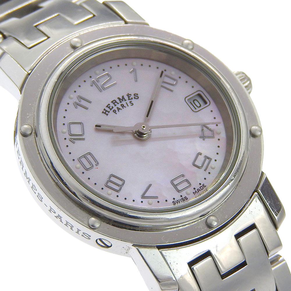 HERMES Clipper Watches CL4.210 Nacre Silver Pink shellDial Stainless Steel Quartz Analog display Women Used