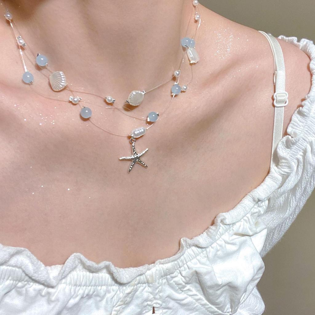 Colar de Linha de Pesca Invisível de Vidro Gota d'Água da Moda Transfronteiriço para Mulheres - Simples, Moderno, Empilhável Corrente de Clavícula Multicamadas