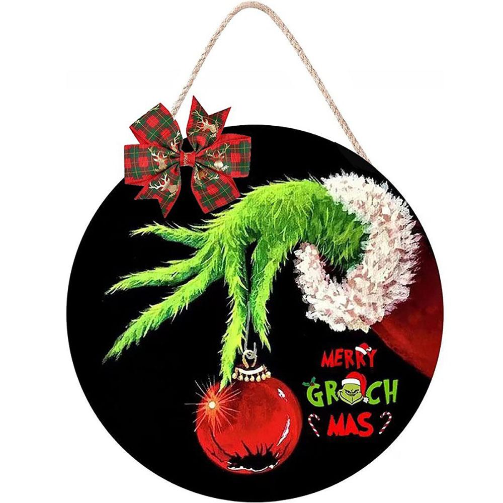 Christmas Decoration Grinch Wooden Door Wall Sign Hanger Wreath with Bow Indoor