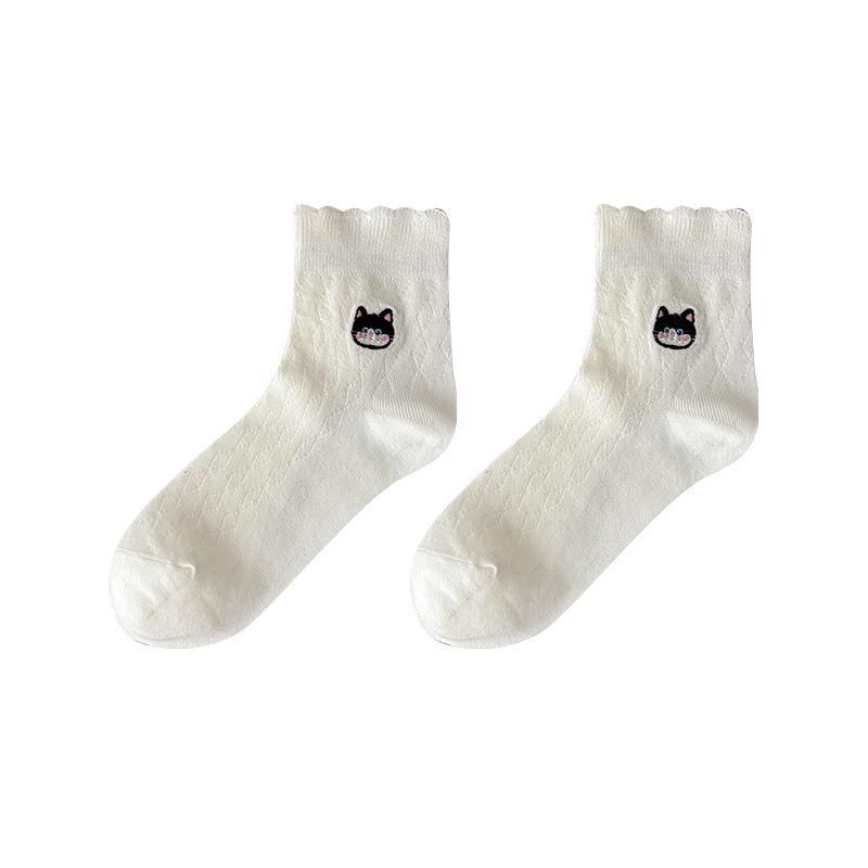 Sock Children's Mesh Breathable Short Socks for Spring and Summer, Pure Cotton Socks with Cat Embroidery and Ear Fungus Lace Trim.