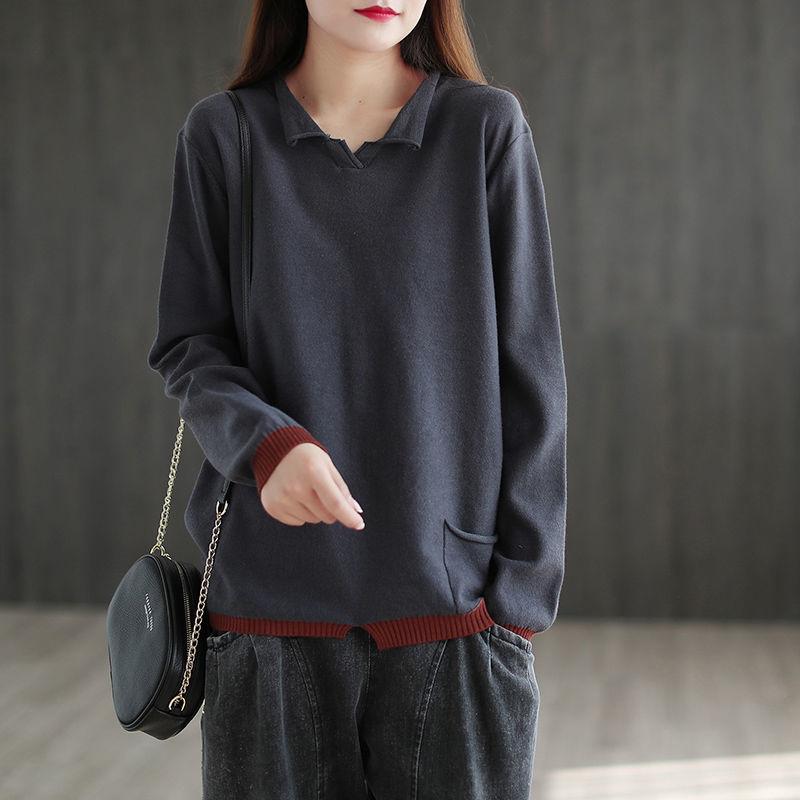 Plus Size Women's Spring Autumn Vintage Knitted Sweater Fake Two Pieces Loose Casual Bottoming Shirt Pullovers Tops