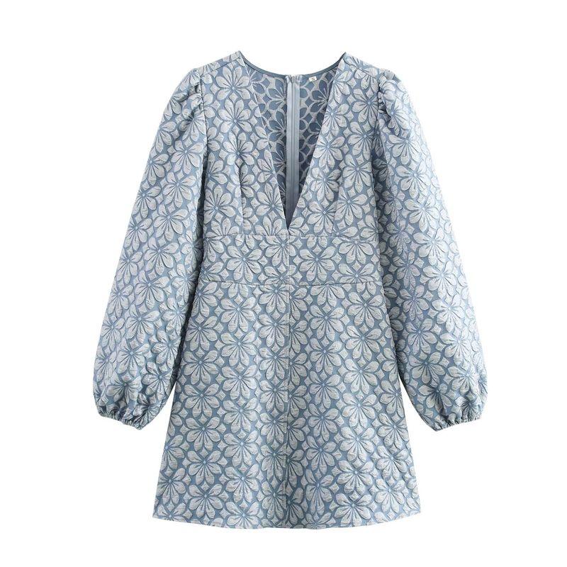 

Kaslead New Arrival Women s Clothing Fashion Style Fashion Loose V-neck Lantern Sleeve Jacquard Dress Light blue L