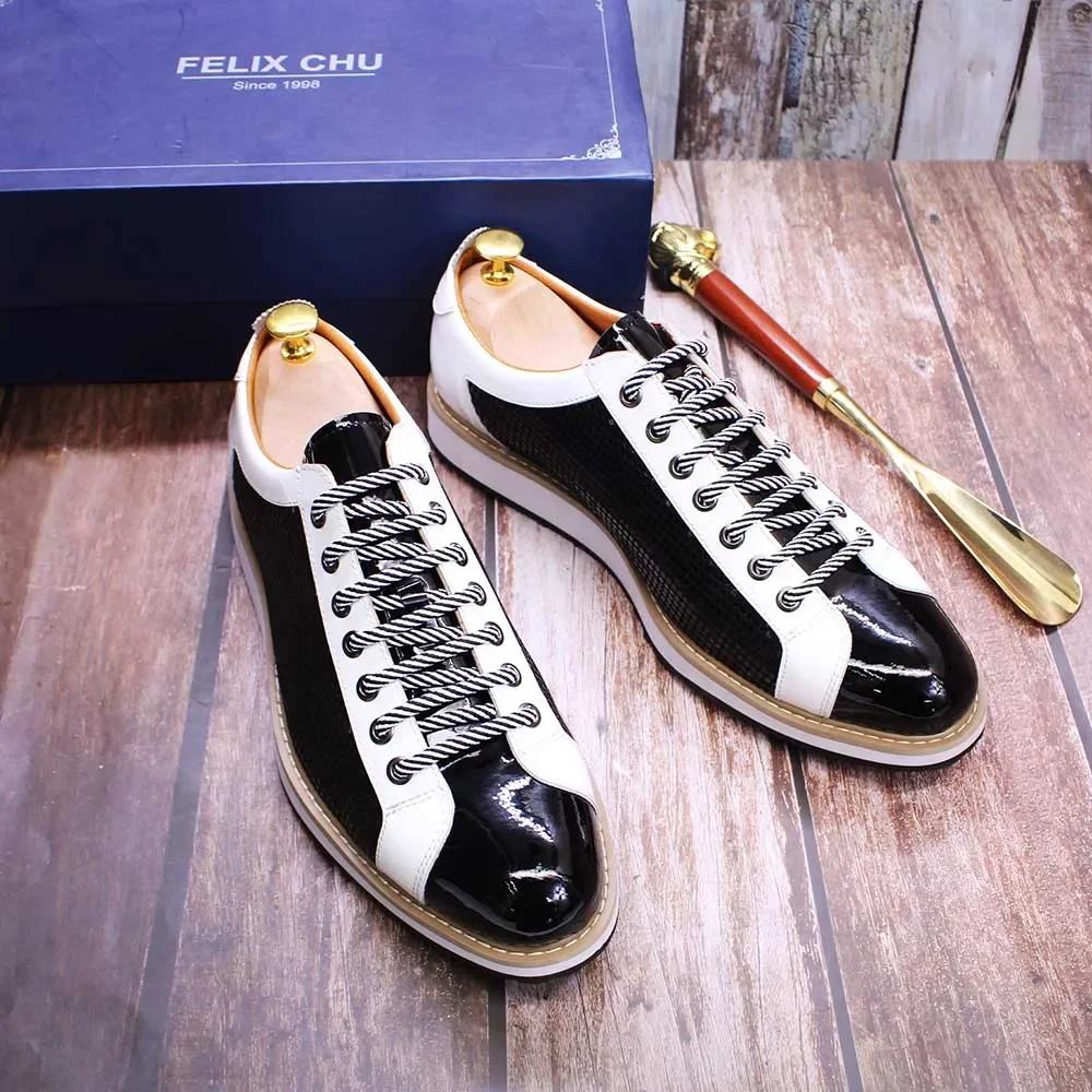 Fashion Luxury Brand Large Size Men's Flat Sneakers 6 To 13 Patent Leather Lace-up Black White Casual Shoes for Men