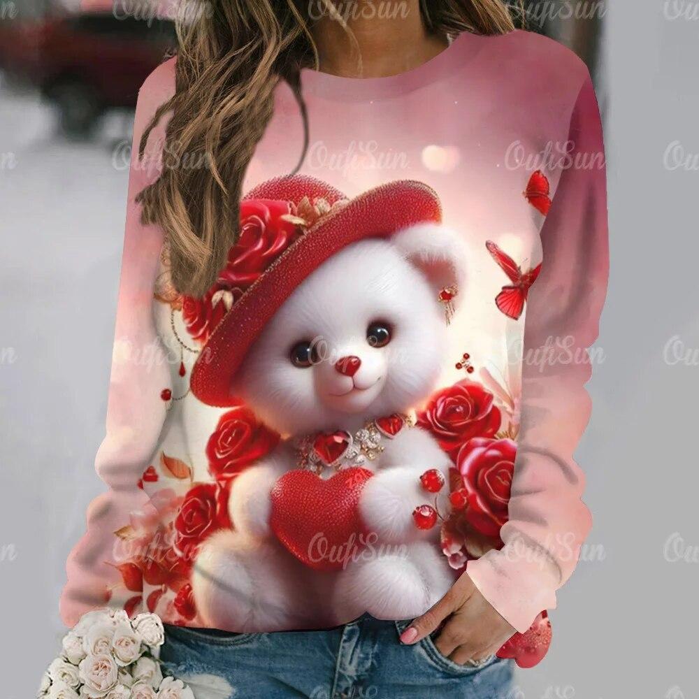 Cute Bear Women's Hoodie Casual O Neck Long Sleeve Pullover Tops 2024 New T-Shirt for Women Streetwear Fashion Women T Shirt Tee