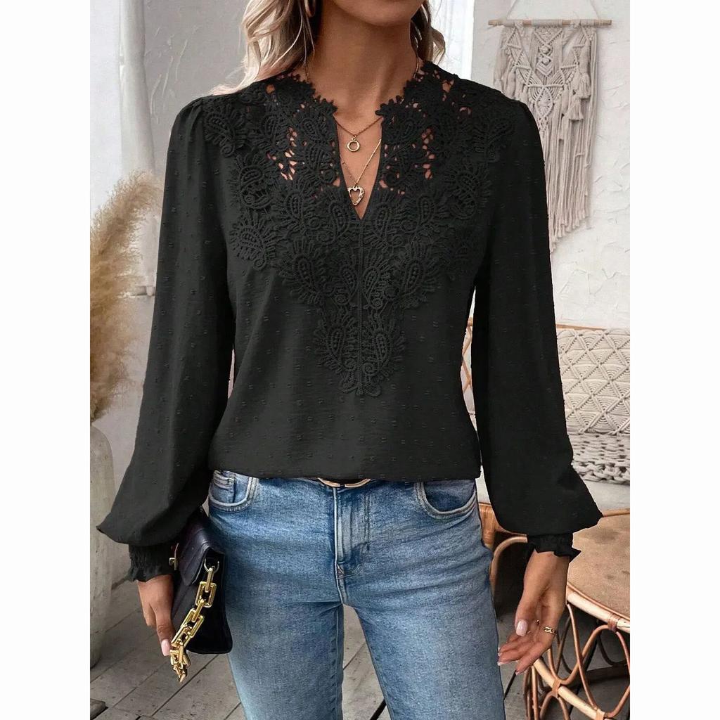 Luksuriøs bluse med hule blonder og V-hals for kvinner, ensfarget topp med lange ermer, elegant hverdagsbluse for kontordamen