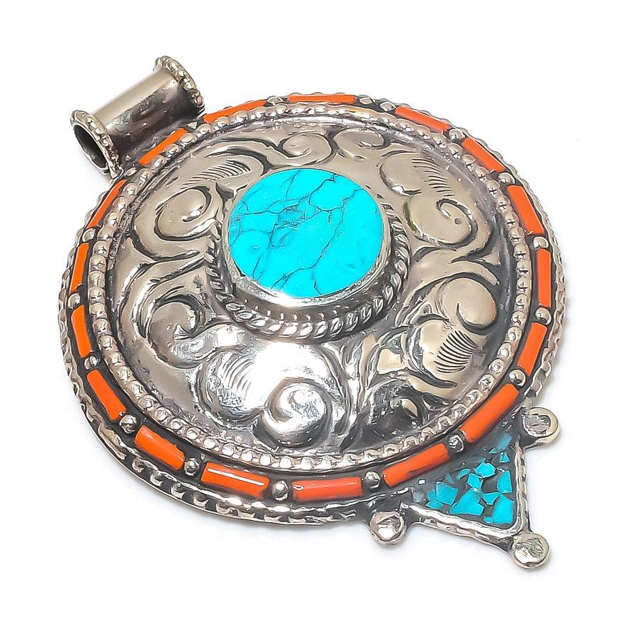 

Natural Tibetan Turquoise, Coral 925 Sterling Silver Jewelry Pendant 2.96 d8N26