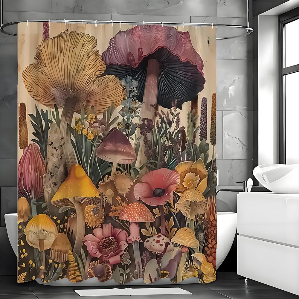 Forest Mushroom Floral Shower Curtain, Bathroom Decorative Shower Curtain, Waterproof Shower Curtain with Hooks