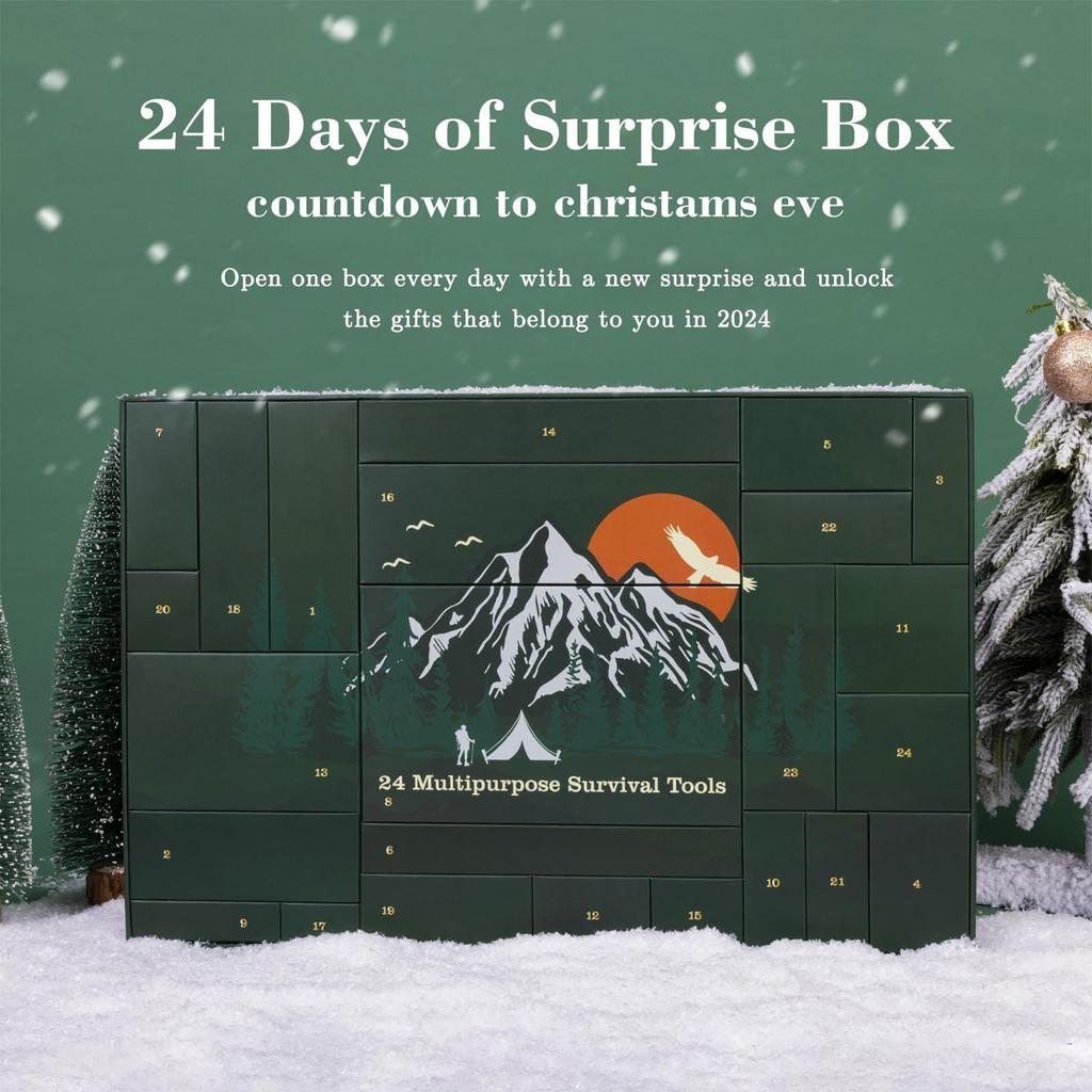 Survival Kit Countdown Calendar 24 Days Survival Kit Calendar for Men Complete Weather-Resistant Metal Tool Gadget for Holiday
