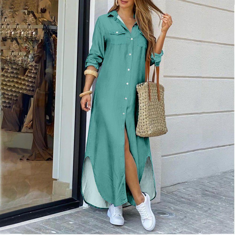 Spring Temperament Printed Single Breasted Slit Shirt Dress Long Skirt For Women M