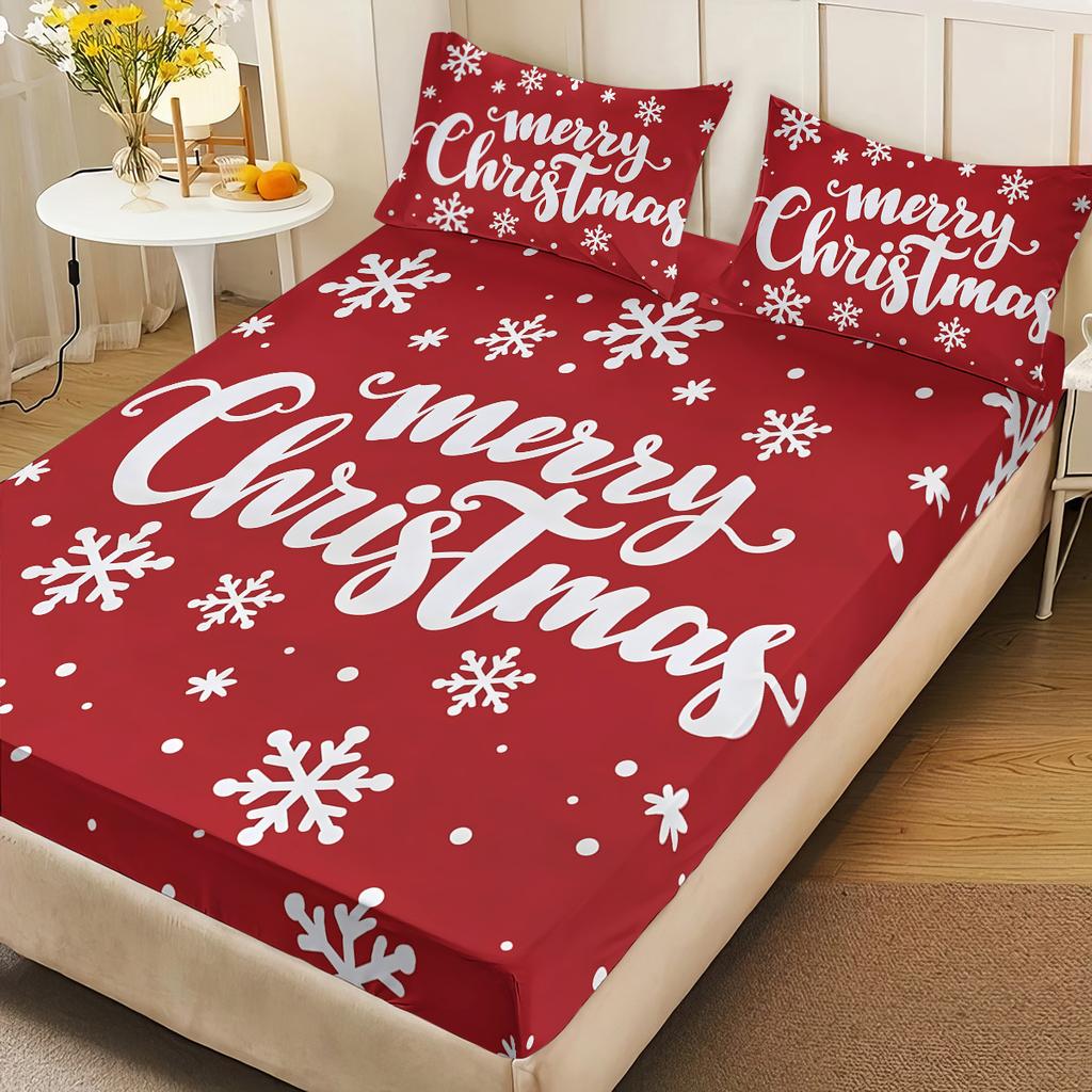3Pcs Merry Christmas Red Print Coreless Fitted Shee Set Multiple Size Soft Bedcover Bedroom Bedding Decorations Machine Washable