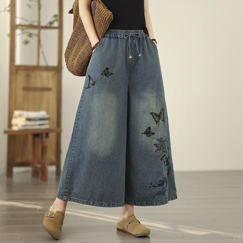 Plus Size Thin Vintage Embroidery Animal Floral High Waist Casual Loose Women Summer Jeans Denim Wide Leg Pants