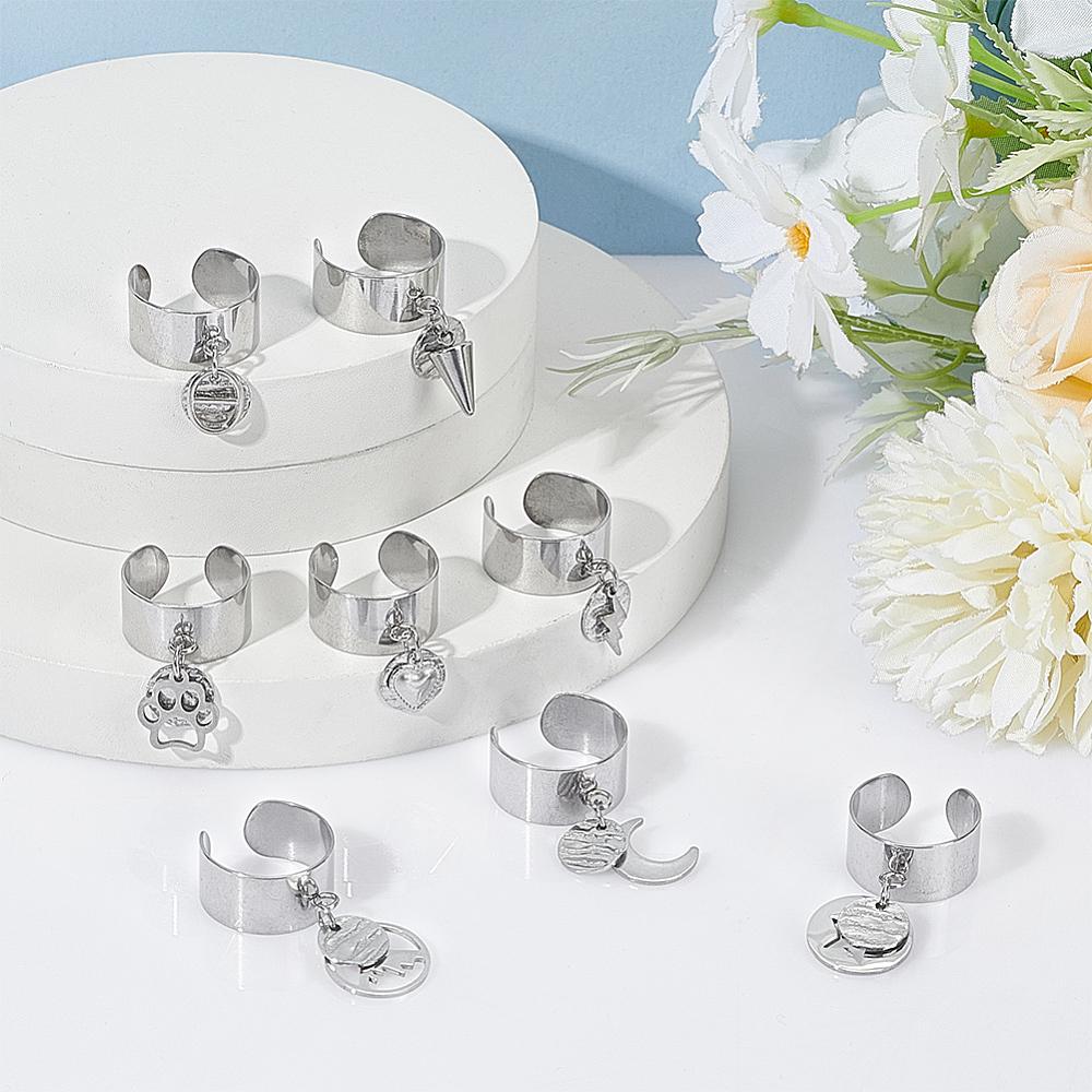 304 Stainless Steel Cuff Finger Rings, with Stainless Steel Pendants, Stainless Steel Color, Inner Diameter: 17~18mm